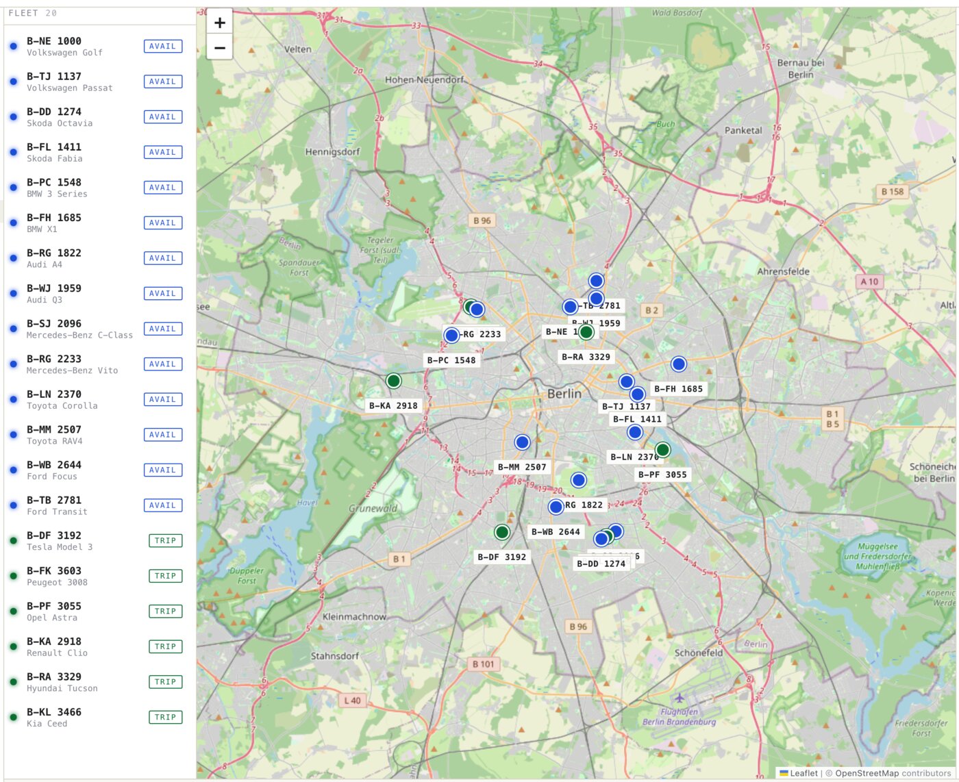 The live map shows every car’s position and status, with the fleet listed alongside — available cars in blue, cars on trip in green.
