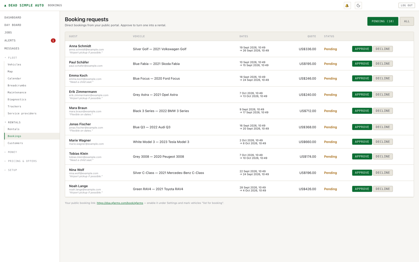 The Bookings inbox lists pending portal requests with guest, vehicle, dates and quote, and turns a request into a rental on Approve.