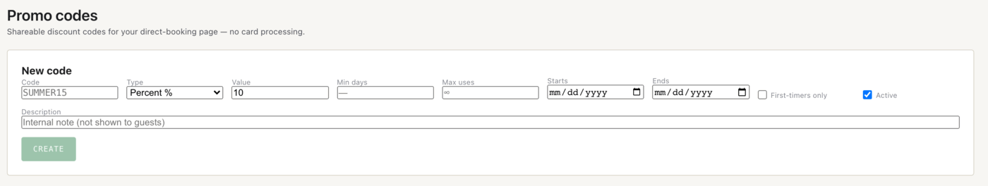 The New code form creates a promo code with a percent or fixed discount, optional minimum days, use limits, a validity window and a first-timers-only flag.