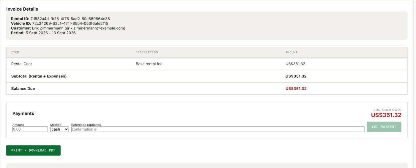 The invoice shows the itemised balance due and a form for logging payments against it.