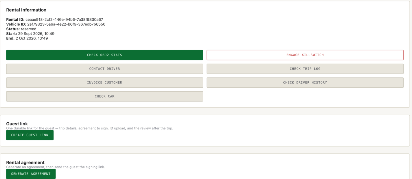 The rental detail page gathers the trip actions, the guest link and the rental agreement in one place.