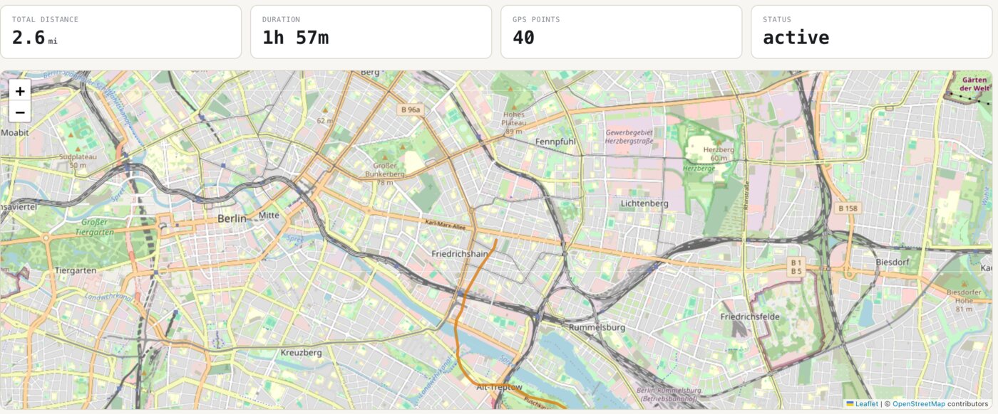The trip log plots the rental’s GPS trail on a map with total distance, duration and point count.