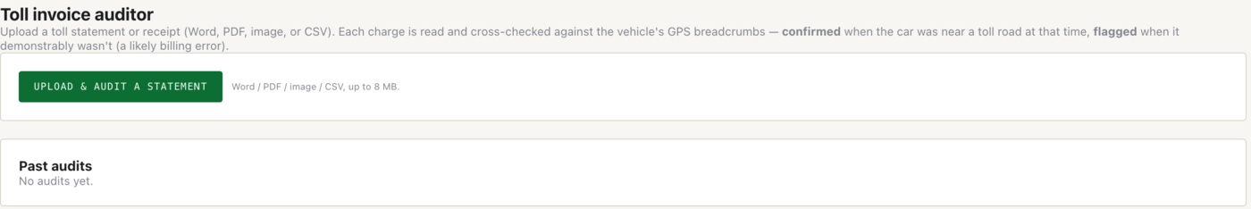 The toll auditor takes a statement in any common format and cross-checks every charge against the car’s own GPS breadcrumbs.