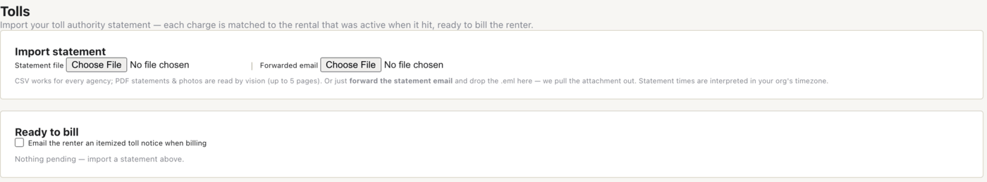 The Tolls page accepts a statement file or a forwarded statement email, and matches each charge to the rental that was active when it hit.