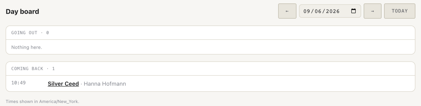 The Day board lists which cars go out and come back on the chosen day, with times in your organization’s timezone.