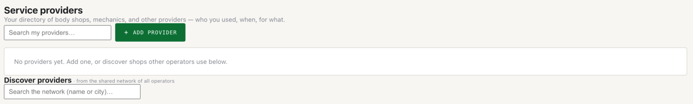 The Service providers directory, empty here — add your own shops, or search the shared network below to discover providers other operators use.