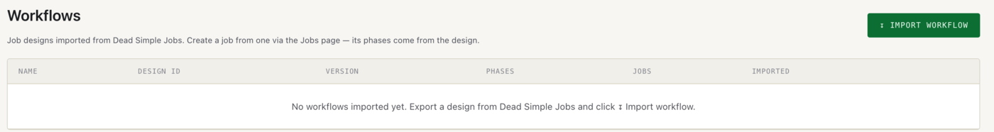 The Workflows page before any designs are imported. Each imported design becomes a repeatable checklist you start from the Jobs page.