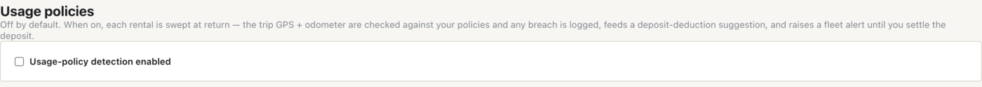 The Usage policies page, with the master switch for the return-time policy sweep — off by default.