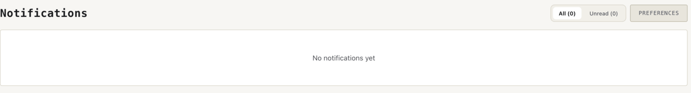 The Notifications page under Setup — empty here on a fresh install — with the All/Unread filter and the Preferences button.