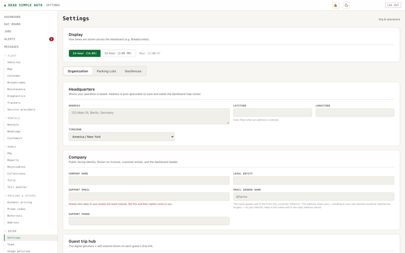 The Settings page, with the display-time toggle, the Organization tab, and the Headquarters and Company panels.