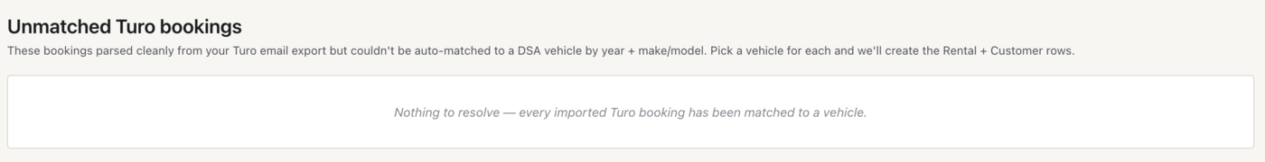 The Turo unmatched review screen, empty because every imported booking has been matched to a vehicle.